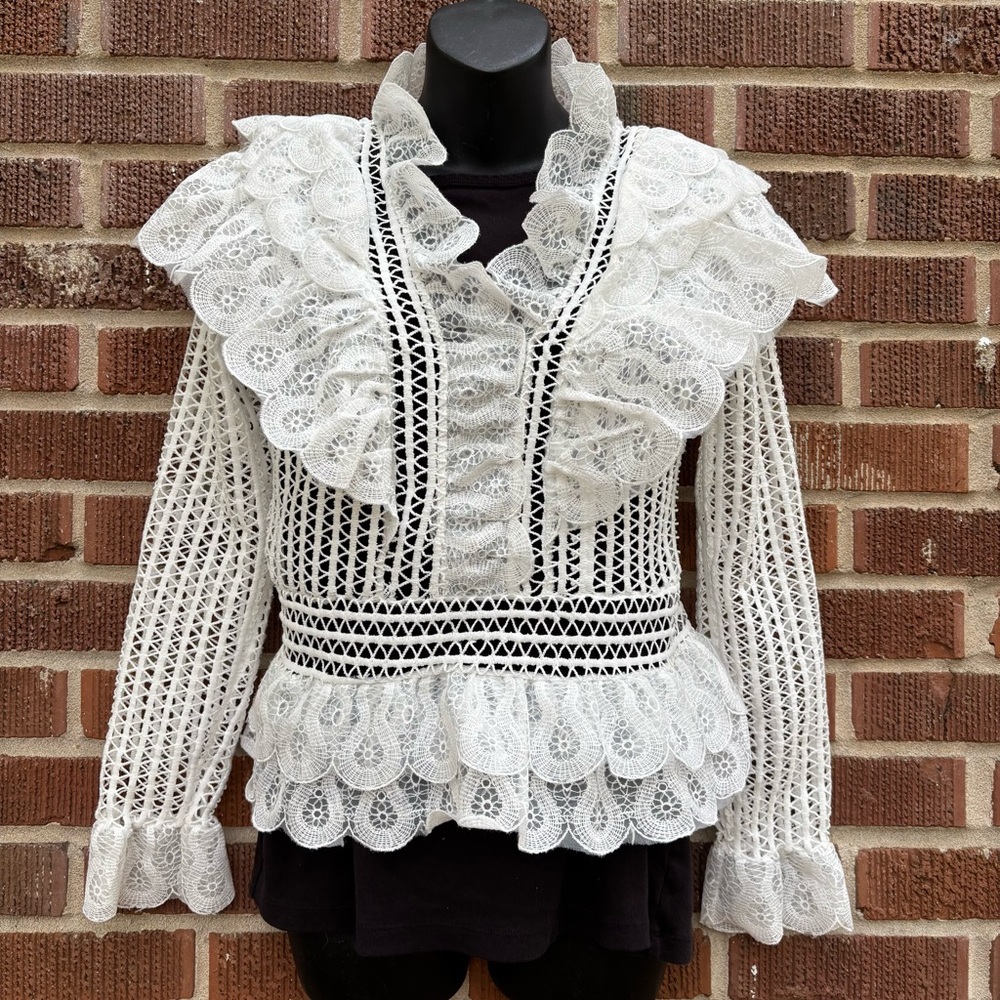 Chic Womens Runway Lace Hollow Out V-Neck Long Sleeve Slim Fit White Top XS